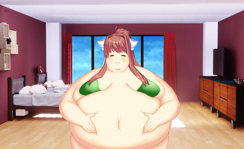 1girls bed bedroom big_belly big_stomach bow bra brown_hair chubby_cheeks chubby_female closed_eyes curtains doki_doki_literature_club fat female green_bra grinning huge_belly monika_(doki_doki_literature_club) solo sprite sprite_edit squishing_belly squishing_stomach squishy tv victoriousboss white_bow window windows