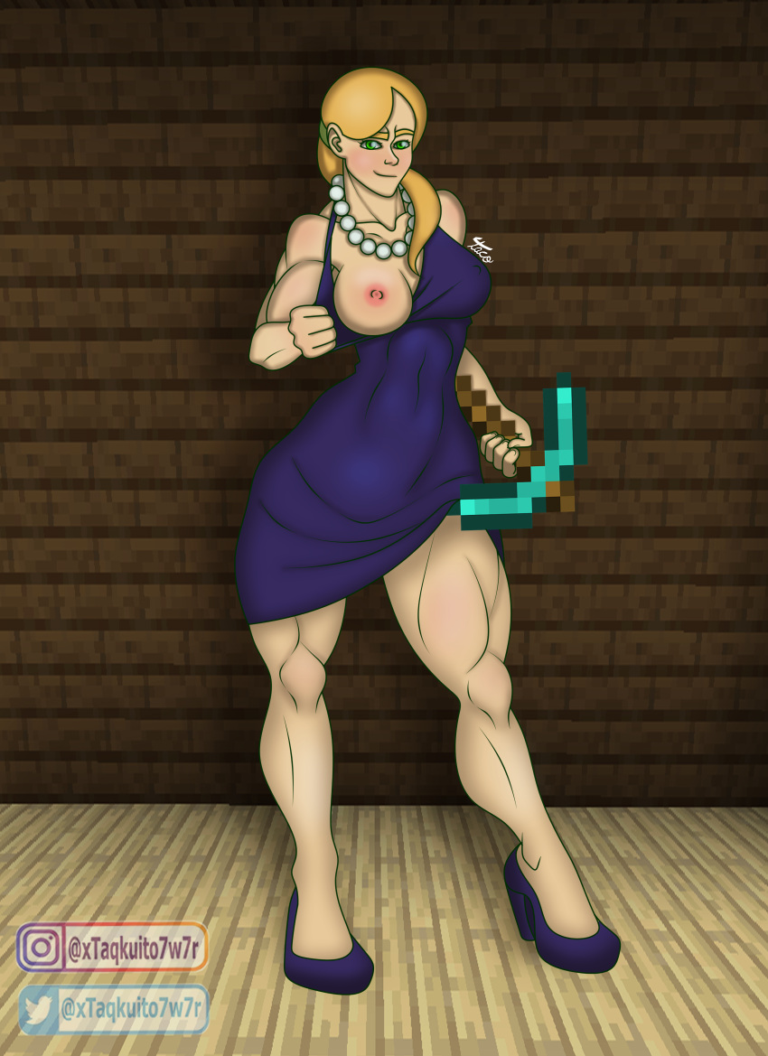 alex_(minecraft) dress fit_female green_eyes instagram_username minecraft mojang muscular_female muscular_legs muscular_thighs pickaxe show_boobs showing_breasts showing_leg showing_tits taqo tight_dress twitter_username yellow_hair