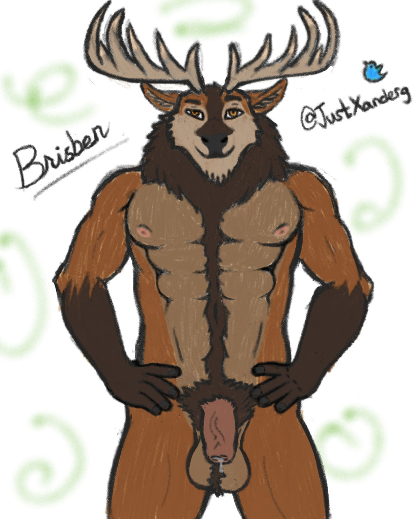 5_fingers abs anthro antlers ball_tuft balls bodily_fluids body_hair cervid cervine chest_hair fingers flaccid foreskin genital_fluids genitals hands_on_hips happy_trail hi_res horn inner_ear_fluff looking_at_viewer male male_focus male_only mammal multicolored_body muscular muscular_male navel orange_eyes penis precum pubes red_deer solo tuft xanderg_(artist)