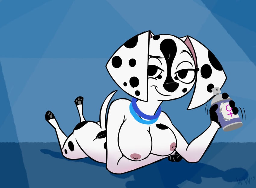 101_dalmatian_street 101_dalmatians 2019 anthro ass bedroom_eyes breasts canid canine canis collar dalmatian dee_dee_(101_dalmatians) disney disney_channel disney_xd domestic_dog female fur half-closed_eyes hi_res holding_object looking_at_viewer lying mammal nipples nude on_front seductive smile solo spots whitewolf20xx