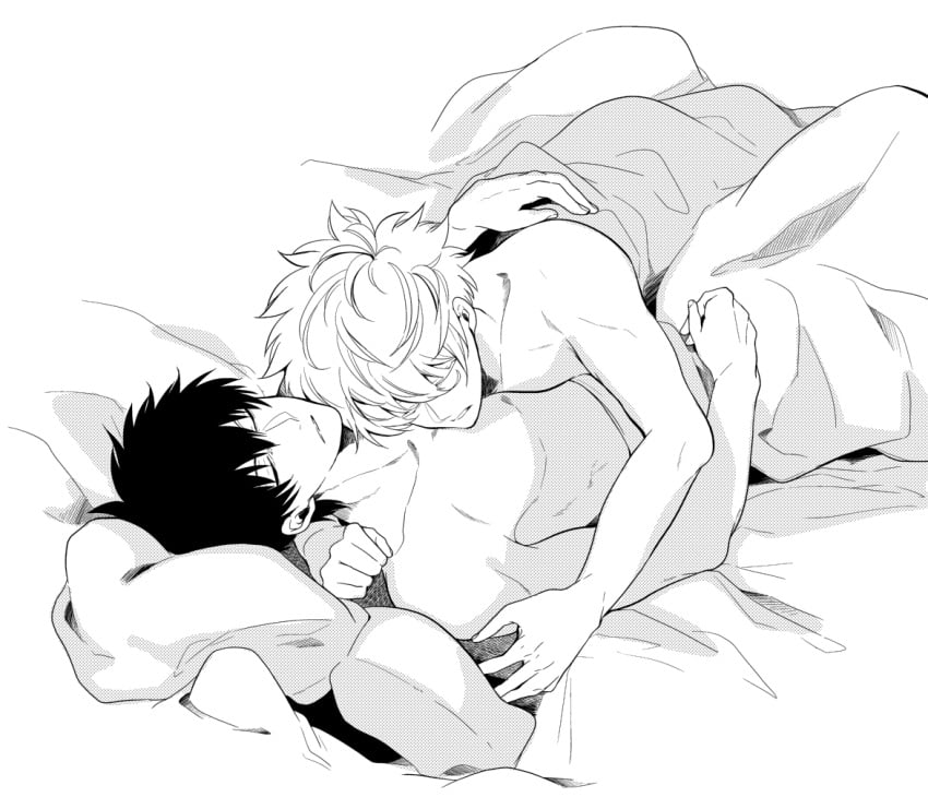 2boys after_sex closed_eyes gay gintama gintoki_sakata hijikata_toshiro ichirentakusho lying_on_person male male_only messy_hair monochrome nude on_back on_bed sleeping toned toned_male wholesome yaoi