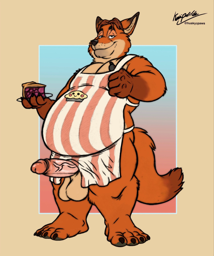 2022 anthro apron balls belly big_belly black_nose canid canine dessert disney erection food fox genitals gideon_grey hi_res humanoid_genitalia humanoid_hands humanoid_penis kaiipwilde_(artist) letterbox male mammal naked_apron orange_body overweight overweight_male penis pie solo zootopia