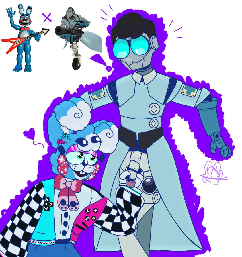 animatronic blue_and_white_fur blue_eyes bunny button_up_shirt coat crack_pairing crack_ship crossover exclamation_mark femboy five_nights_at_freddy's five_nights_at_freddy's_2 fluffy_ears gay green_eyes handjob heart_symbol holding_penis machine medic_robot no_humans non-human non-human_only rabbit robot robot_humanoid satire simple_background team_fortress_2 toy_bonnie_(fnaf) trap unknown_artist weird_crossover