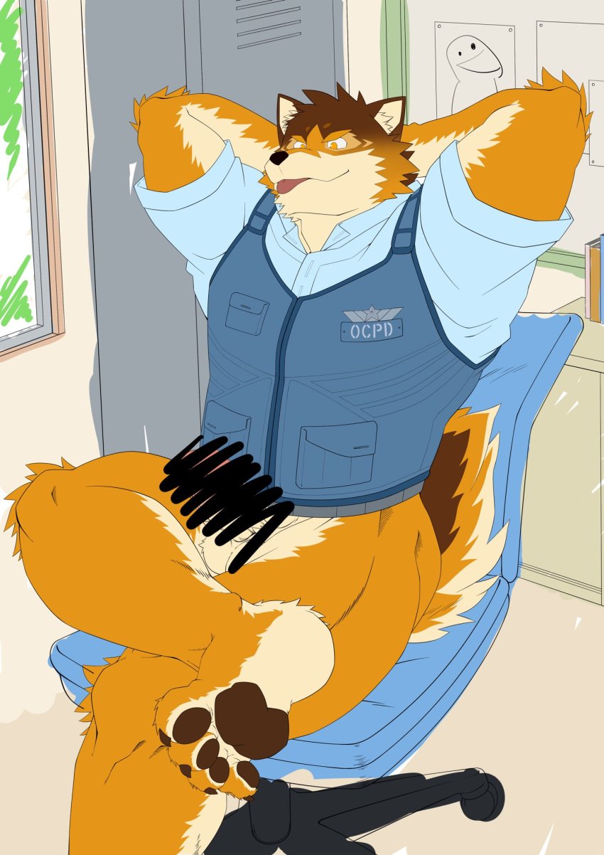 anthro balls barefoot barrel_(live-a-hero) blep bottomless canid canine canis censored clothed clothing erection feet genitals hi_res homohomofever lifewonders live-a-hero male male_focus male_only mammal muscular muscular_anthro muscular_male pawads penis police_officer police_uniform solo tongue tongue_out uniform video_games wolf