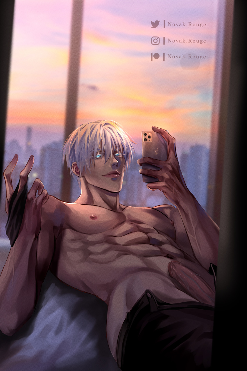 1boy abs blue_eyes blue_eyes_male cellphone completely_nude_male jujutsu_kaisen male_only muscular muscular_male novak_rouge nude_male penis satoru_gojo selfie solo solo_male toned_male veiny_arms white_eyelashes white_hair white_hair_male