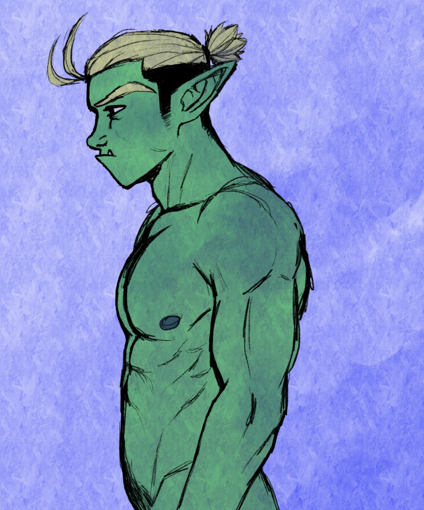 bara bara_tits barazoku blonde_hair blue_nipples drawfee_(copyright) drawtectives dreamscreep fangs green_body green_skin gyorik_rogdul humanoid male male_only muscular muscular_male nipples orc orc_male pointy_ears ponytail sharp_teeth short_hair side_view solo solo_male underbite undercut