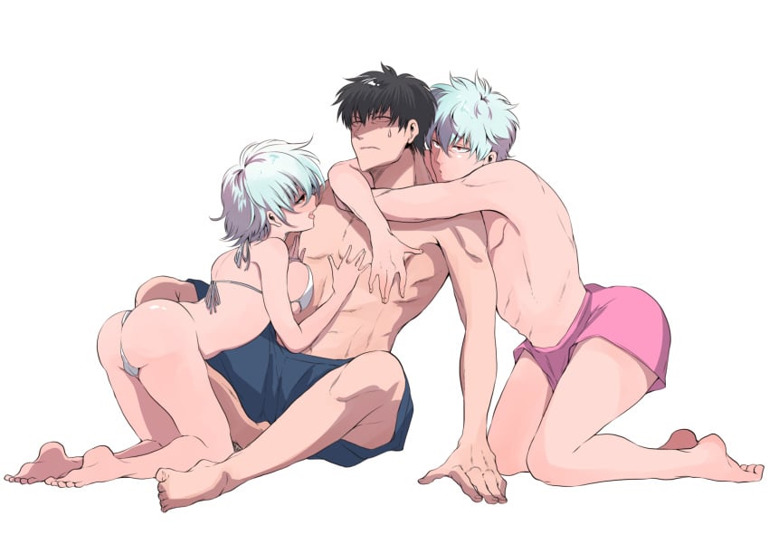 1girls 2boys annoyed barefoot big_breasts bikini black_hair breast_press breast_squish bubble_butt canon_genderswap dual_persona female genderswap_(mtf) ginko_sakata gintama gintoki_sakata hand_on_chest hijikata_toshiro hug hugging_from_behind ichirentakusho kneeling male red_eyes rule_63 short_hair sideboob silver_hair sitting sweatdrop swimming_trunks swimsuit swimwear uncomfortable white_bikini