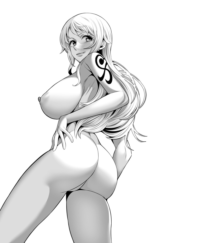 1girls areolae ass big_breasts breasts busty curvy dat_ass female female_only greyscale long_hair looking_back marognvw4hzabtg monochrome nami nipple_piercing nipples nude one_piece post-timeskip pussy shoulder_tattoo sideboob solo tattoo tongue_out