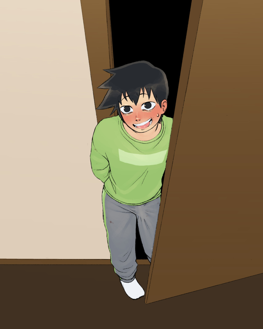 black_hair blush bulge bulge_through_clothing dreamscreep erection erection_under_clothes full_body fully_clothed indoors male_only mob_psycho_100 nervous nervous_smile ritsu_kageyama