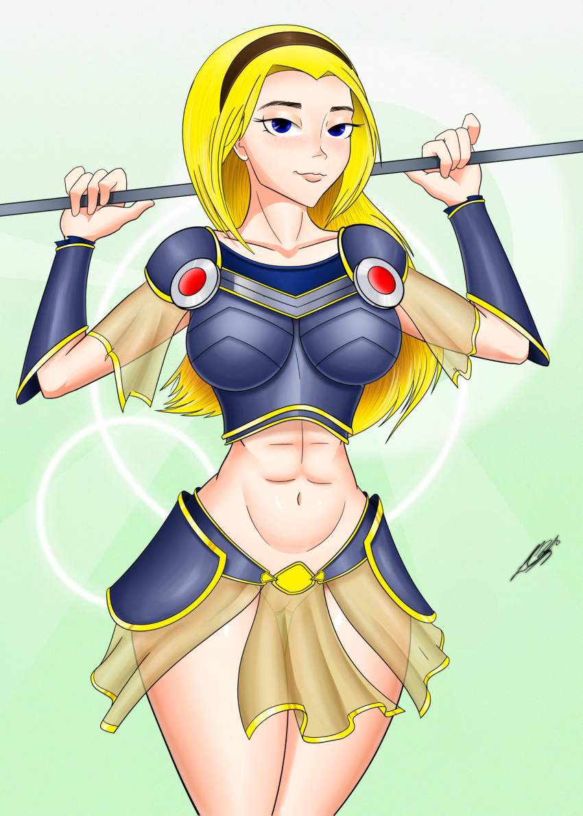 abs alluring-taili armor blonde_hair blue_eyes breastplate league_of_legends luxanna_crownguard no_panties thick_thighs vagina