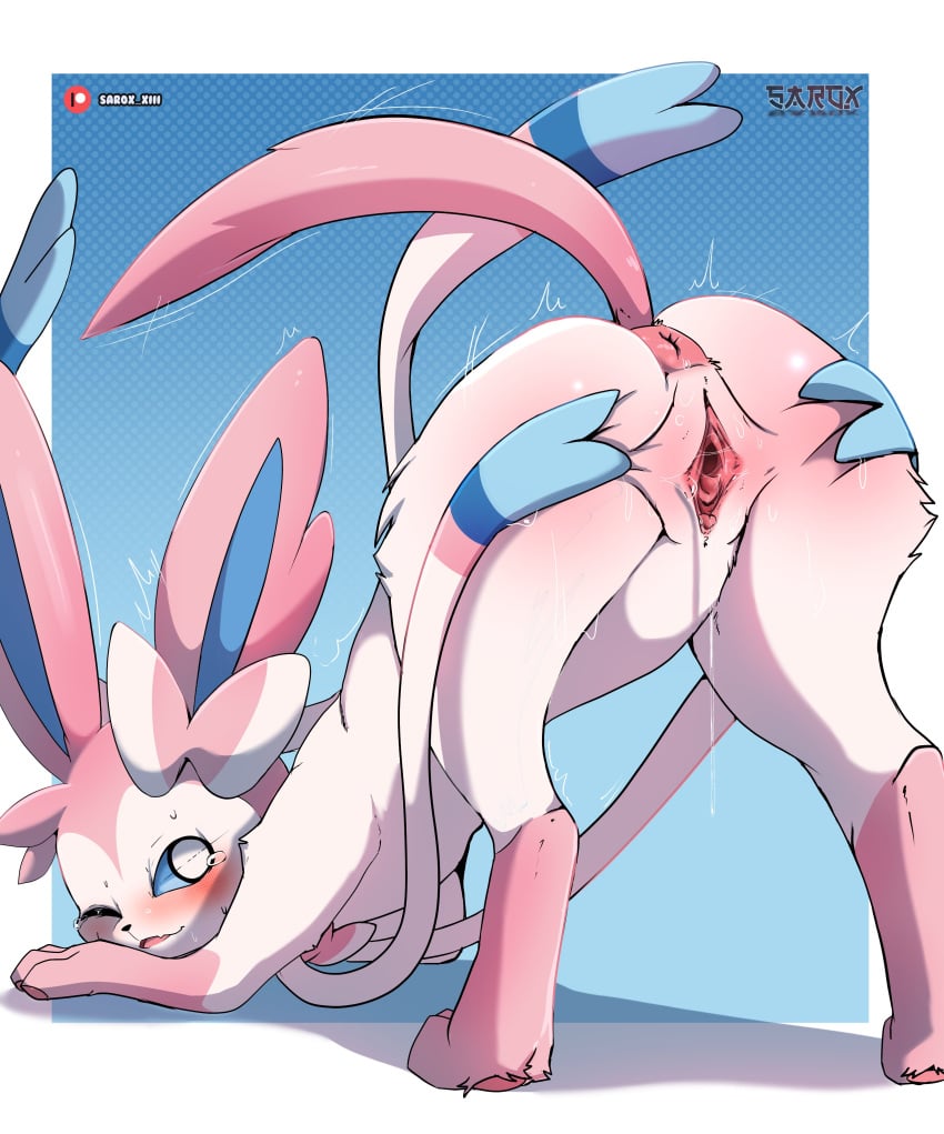 absurd_res anus ass_up blush eeveelution female feral genitals hi_res looking_at_viewer nintendo pokémon_(species) pokemon pokemon_(species) pussy sarox solo spread_pussy spreading sylveon video_games white_body