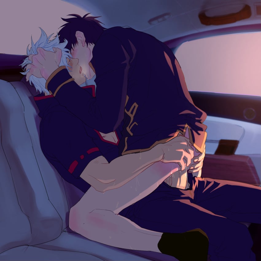 2boys anal anal_sex ass_grab black_hair blush bottomless breath car car_interior detailed_background french_kiss gay gintama gintoki_sakata hand_on_another's_head hands_on_ass head_grab hijikata_toshiro in_car kissing male male_only mozhi penis police police_car police_officer police_uniform shinsengumi_(gintama) sweat uniform white_hair yaoi