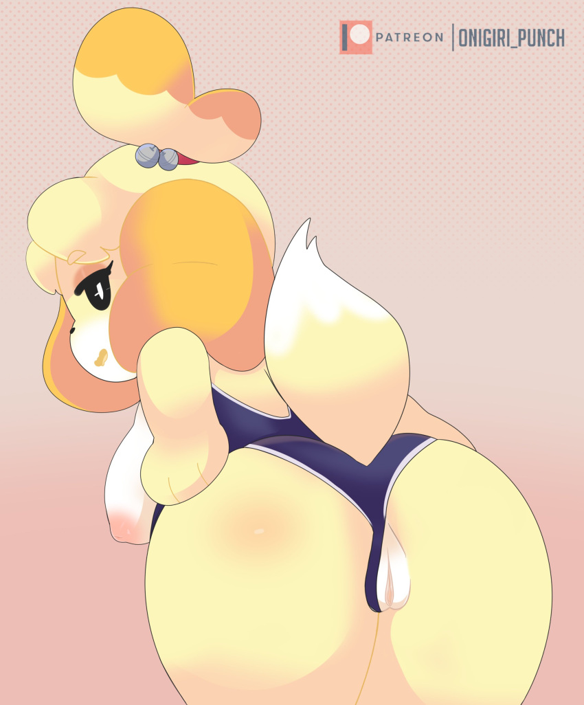 absurd_res alternate_breast_size animal_crossing anthro ass big_breasts blonde_hair breasts camel_toe canid canine canis clothing digital_media_(artwork) dog domestic_dog female fur furry furry_only genitals hair hi_res isabelle_(animal_crossing) looking_at_viewer looking_back mammal nintendo nipples one-piece_swimsuit onigiri_punch open_mouth pussy shih_tzu simple_background smile solo swimwear tail toy_dog video_games yellow_body yellow_fur