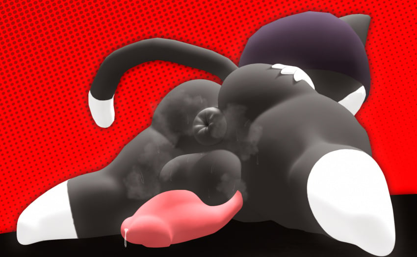 1boy 3d 3d_(artwork) anthro anus ass atlus balls big_balls big_butt big_penis black_body black_fur bodily_fluids butt_grab digital_media_(artwork) domestic_cat feet felid feline felis fur genital_fluids genitals glistening glistening_body hand_on_butt hi_res huge_balls huge_butt huge_cock humanoid lying male male_only mammal megami_tensei megami_tensei_persona morgana_(persona) musk musk_clouds on_front penis pink_penis precum puffy_anus raised_tail red_background royal_cicada royalcicada sega short_stack shortstack simple_background solo source_filmmaker sweat thick_thighs video_games white_body white_fur