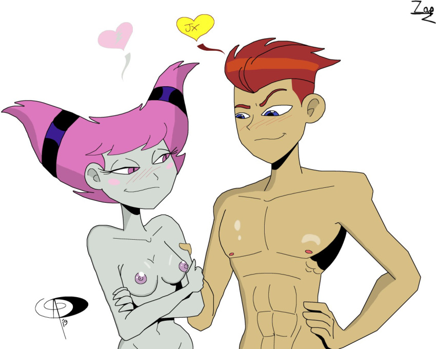 1boy 1boy1girl 1girls blue_eyes blush breasts canon_couple cartoon_network dc dc_comics edit female frostbiteboi grey_skin jinx_(dc) kid_flash kid_flash_(teen_titans) looking_at_another looking_at_partner male nipples nude nude_female nude_male pale-skinned_female pale_skin pectorals pink_eyes pink_hair pink_nipples red_hair simple_background suggestive_look teen_titans toonami wally_west white_background zap92