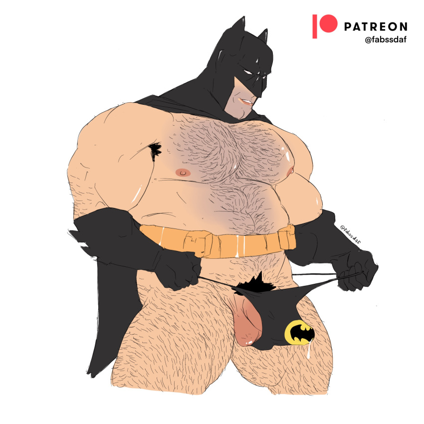 bara batman batman_(series) big_bulge bruce_wayne bulge chubby chubby_male dc dc_comics fabssdaf flaccid flaccid_penis hairy huge_bulge justice_league male male_only masked muscles muscular muscular_male precum precum_drip pubes pulling_thong solo superhero thong underwear