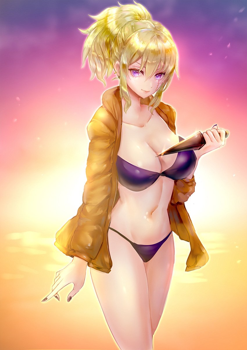 big_breasts bikini black_bikini black_nails blonde_female blonde_hair cleavage facial_scar female female_only gintama hoodie kunai looking_at_viewer nail_polish official_alternate_costume ponytail purple_eyes scar smile solo swimsuit tsukigime tsukuyo