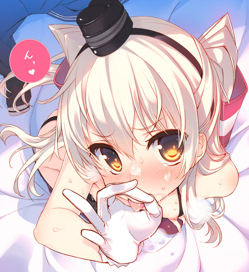 absurdres amatsukaze_(kantai_collection) bangs bare_shoulders bed_sheet blonde_female blonde_hair blush breasts brown_eyes cropped cum cum_on_face facial fellatio_gesture female flat_chest garter_straps gloves grey_hair hair_between_eyes hair_tubes hairband handjob_gesture hat highres kantai_collection long_hair looking_at_viewer mini_hat nipples oral_invitation petite sexually_suggestive shirt_removed sidelocks single_glove solo tatami_to_hinoki tongue tongue_out two_side_up white_gloves white_hair