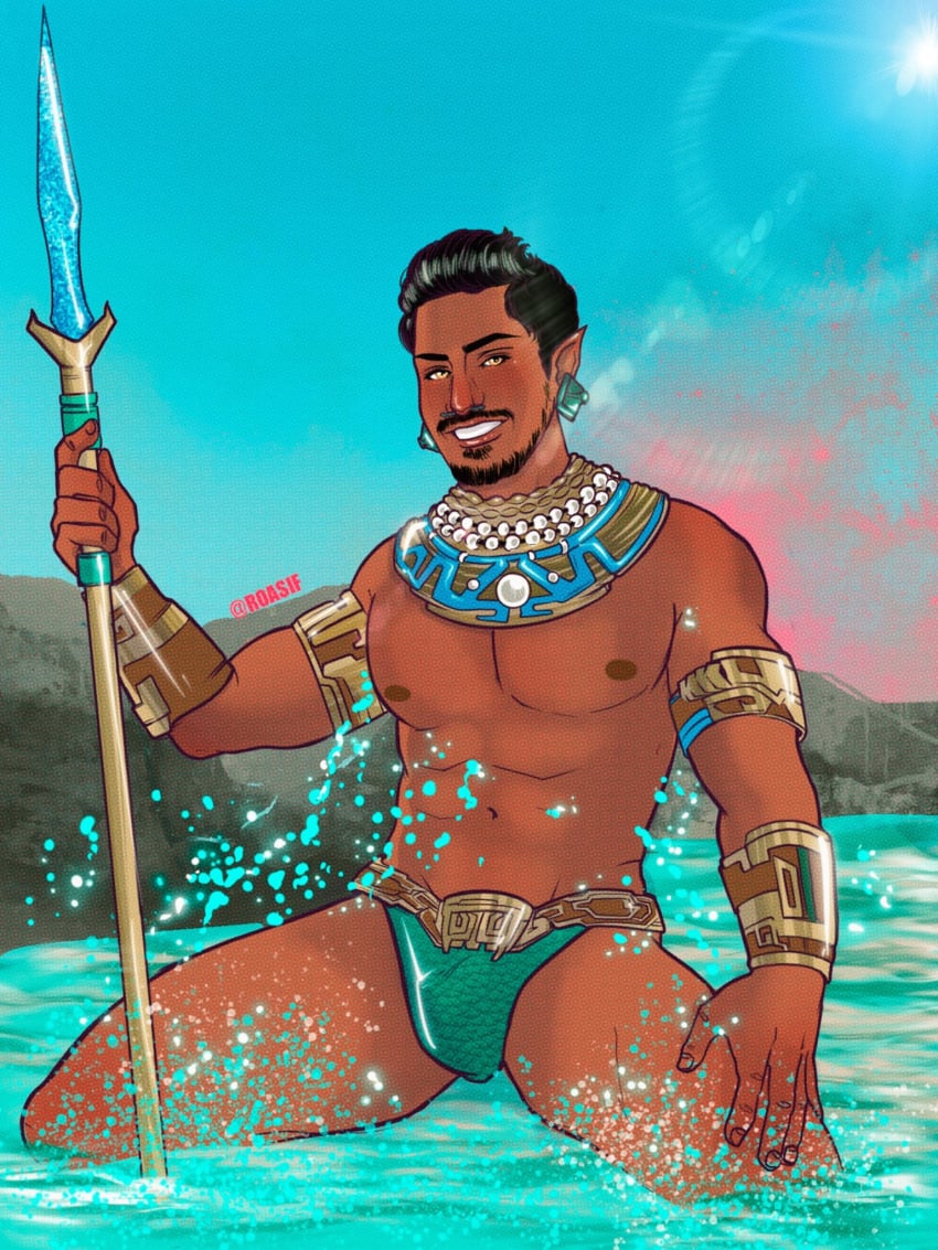 actor beach black_panther:_wakanda_forever bulge celebrity in_character in_water latino male male_only marvel marvel_cinematic_universe melanin muscles muscular muscular_male namor native_american_male on_knees roasif sitting smiling_at_viewer spear speedo tenoch_huerta