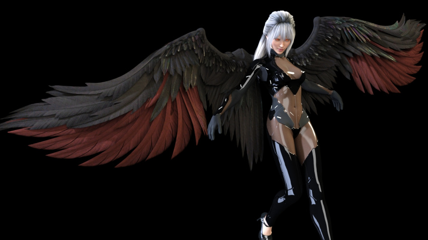 1girls 2019 3d black_background black_thighhighs black_wings female female_only gray_hair grey_hair pat3dx red_eyes red_wings sci-fi science_fiction slushe_(website) solid_color_background solo solo_female thighhighs two-tone_wings two_tone_wings white_hair wings