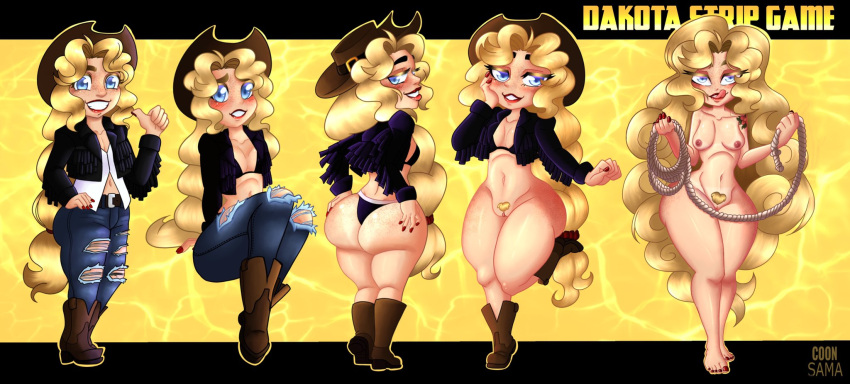 ass big_ass blonde_hair blue_eyes breasts cleavage country_girl cowboy_boots cowboy_hat dakota_(raccoon_sama) feet female female_focus female_only flat_chest flat_chested freckles freckles_on_ass freckles_on_face hairy_pussy hat long_hair meme nude original original_character painted_nails pussy raccoon_sama red_lipstick rope small_breasts strip_game tattooed_arm thick_thighs thighs tongue tongue_out wide_hips