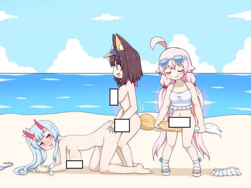 1futa 2girls absurdres abydos_high_school_student ahoge all_fours allied_hyakkiyako_academy_student animal_ears beach blue_archive blue_hair bottomless brown_hair censored censored_breasts chise_(blue_archive) chise_(swimsuit)_(blue_archive) clothed clothing doggy_style female foreclosure_task_force_(blue_archive) full_body futa_on_female futanari greenteaneko group_sex highres hoshino_(blue_archive) hoshino_(swimsuit)_(blue_archive) humanoid izuna_(blue_archive) izuna_(swimsuit)_(blue_archive) kemonomimi light-skinned_female light-skinned_futanari light_skin long_hair masturbation multiple_girls ninjutsu_research_club_(blue_archive) nude partially_clothed pink_hair ribbon sandals scarf sex squatting standing swimsuit threesome wrist_ribbon yin-yang_club_(blue_archive)