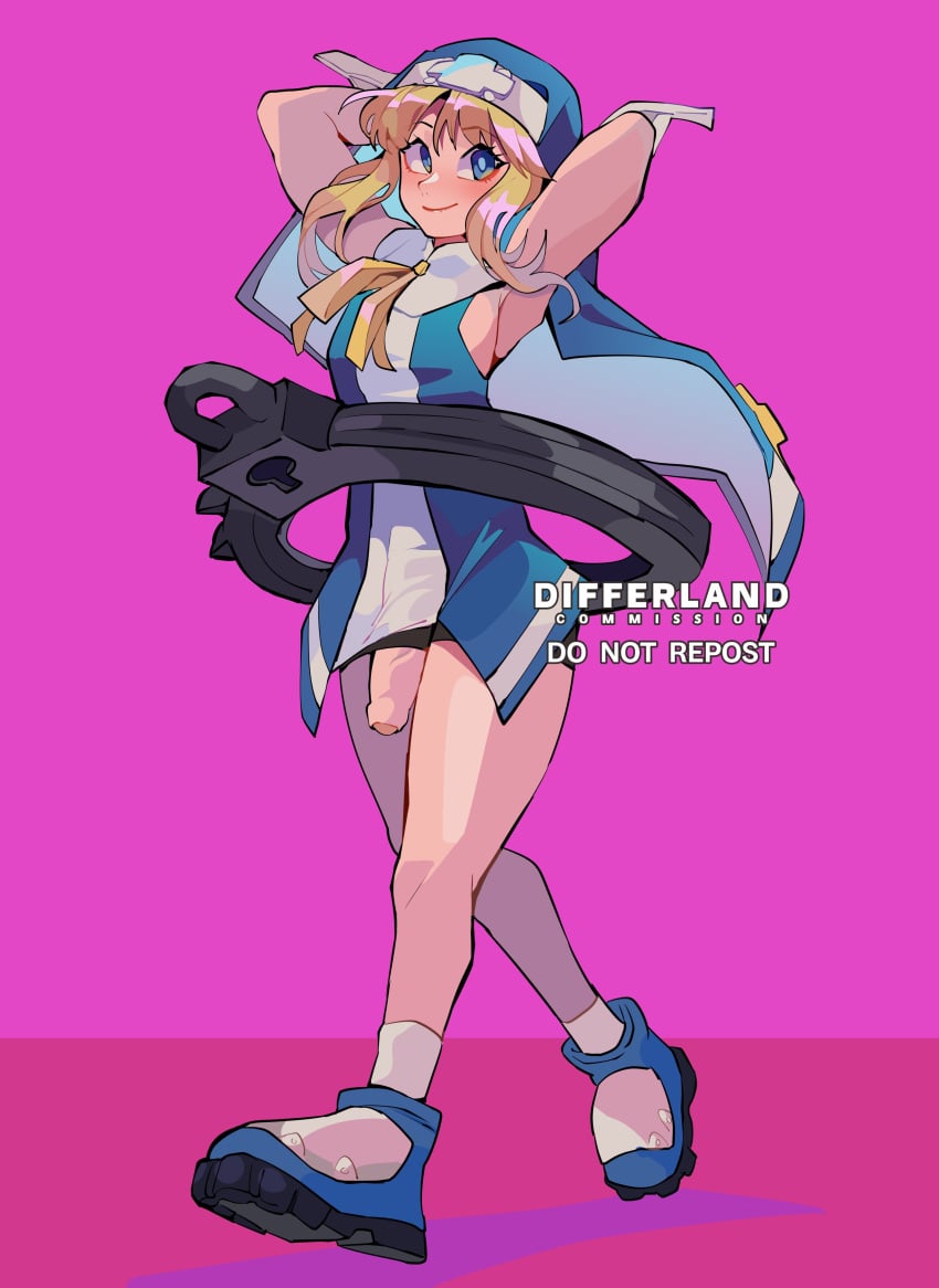 1boy armpits big_penis blonde_hair blue_eyes blush bottomless bridget commission differland diforland eye_contact femboy guilty_gear long_hair looking_at_viewer penis pink_background smile solo solo_focus solo_male standing thighs