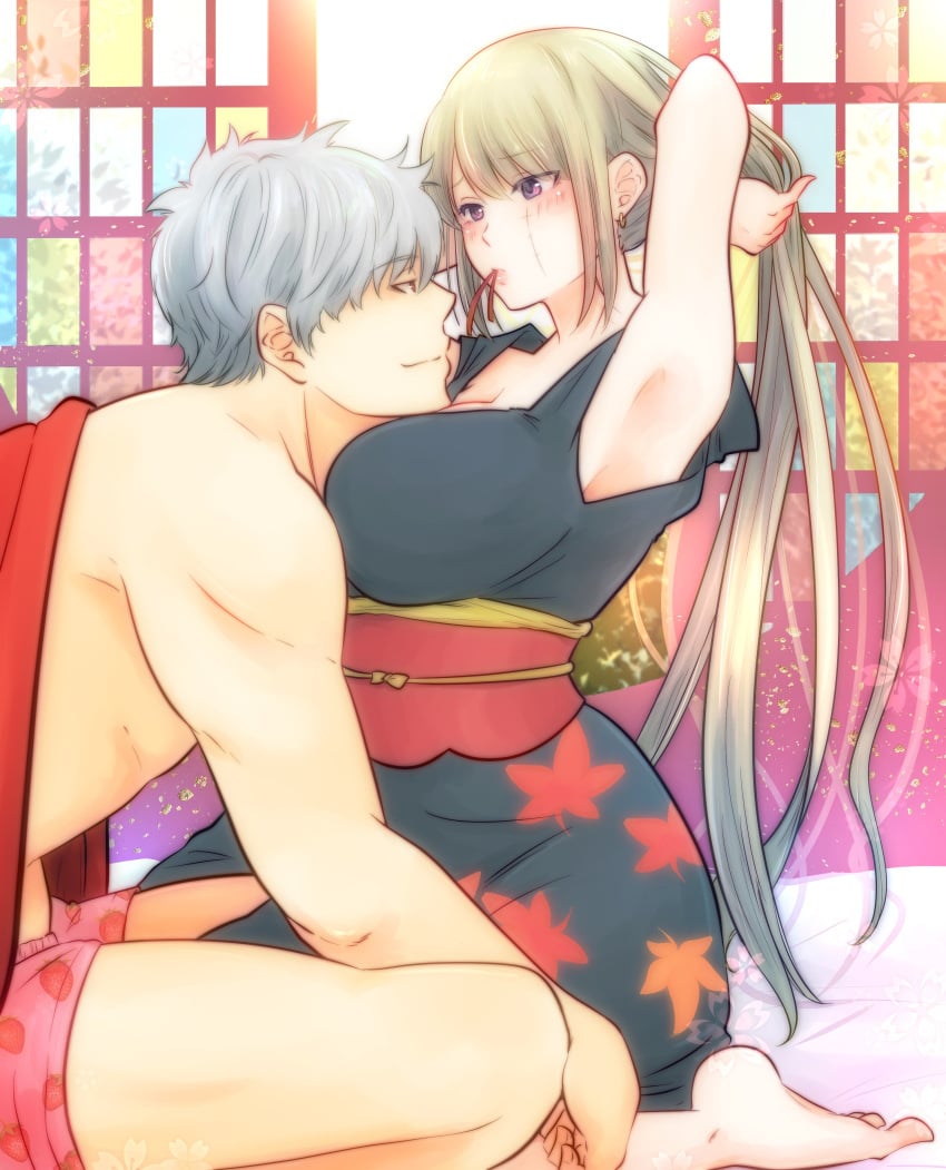 1boy 1girls alternate_hair_length alternate_hairstyle armpit big_breasts blonde_female blonde_hair blush boxers dressing facial_scar female gintama gintoki_sakata head_between_breasts japanese_clothes kimono kneeling long_hair looking_at_another male morning_after obi paleatus purple_eyes scar shouji silver_hair sitting smile strawberry_print tsukuyo tying_hair underwear very_long_hair wholesome