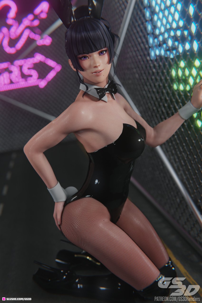 1girls 2022 3d black_hair boots bunnysuit chainlink_fence clothed clothing cute dead_or_alive depth_of_field fanart female female_only fishnet_legwear fishnets gs3d hand_on_ass high_heel_boots high_heels knee_boots kneehigh_boots large_breasts looking_at_viewer necktie nyotengu on_knees platform_boots platform_heels purple_eyes short_hair slushe_(website) solo solo_female