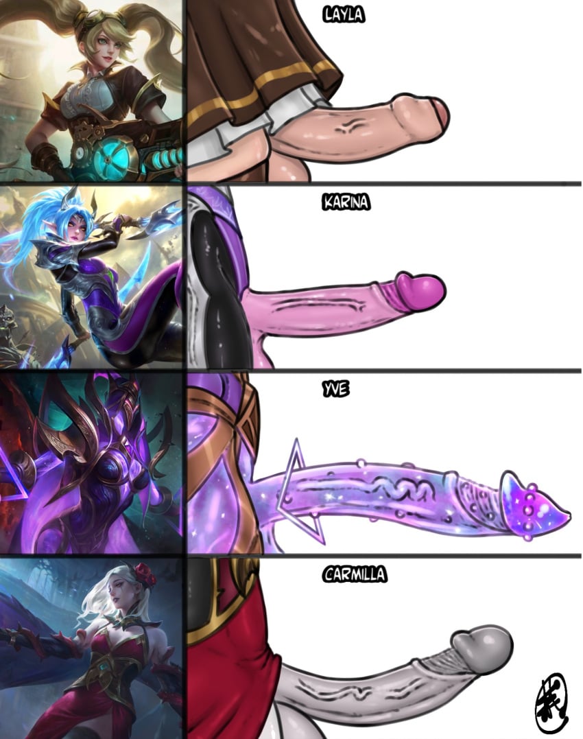 4futas blonde_hair blue_hair carmilla_(mobile_legends) cock_chart elf_ears faceless_female futa_only futanari green_eyes grey_skin happyelifutaart karina_(mobile_legends) layla_(mobile_legends) mobile_legends official_art penis_chart penis_comparison penis_size_chart pink_skin pointy_ears purple_skin red_eyes size_comparison twintails white_hair yve_(mobile_legends)