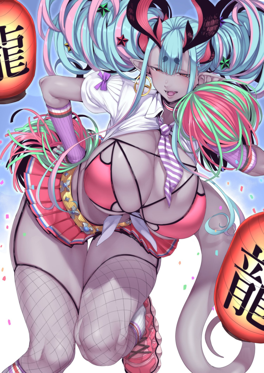 1girls 2022 bikini blue_hair breasts cheerleader cleavage demon demon_girl demon_horns fate/grand_order fate_(series) female female_only grey_skin hips holding_pom_poms huge_breasts ibuki_douji_(fate) ibuki_douji_(swimsuit_berserker)_(fate) long_hair nakamura_regura oni oni_horns pink_hair pointy_ears pom_poms red_eyes short_skirt skirt slim_waist tail thick_thighs thighhighs thighs two_tone_hair wide_hips