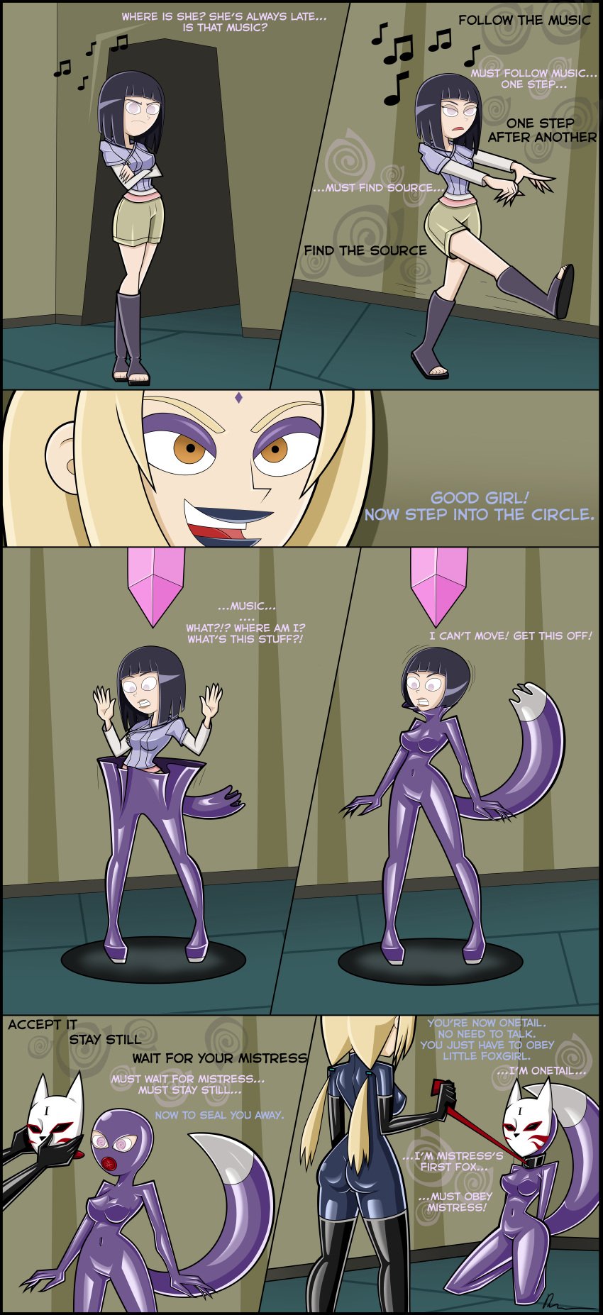 absurd_res bodysuit brainwashing collar comic dominatrix female fox_girl hypnosis hyuuga_hinata latex mask mind_control naruto png purple_bodysuit rosvo slave tagme tail tsunade