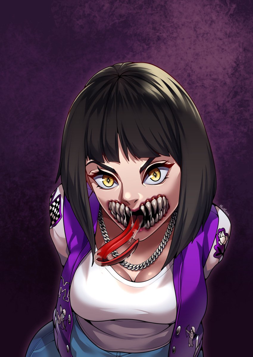 1girls black_hair breasts casual_clothes female female_only fully_clothed jacket large_breasts long_tongue looking_at_viewer mileena mortal_kombat saliva sharp_teeth solo solo_female spit thotlerrr tongue tongue_out treartz yellow_eyes