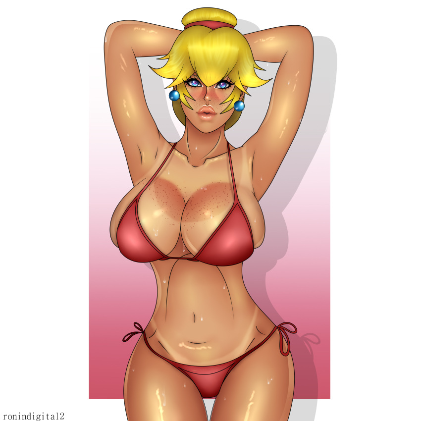 1girls beach big_breasts big_lips bikini bikini_tan blonde_female blonde_hair blue_eyes female female_only lipstick mario_(series) nintendo pose princess_peach ronindigital solo tanned tanned_female tanned_girl tanned_skin video_game video_games yellow_eyes