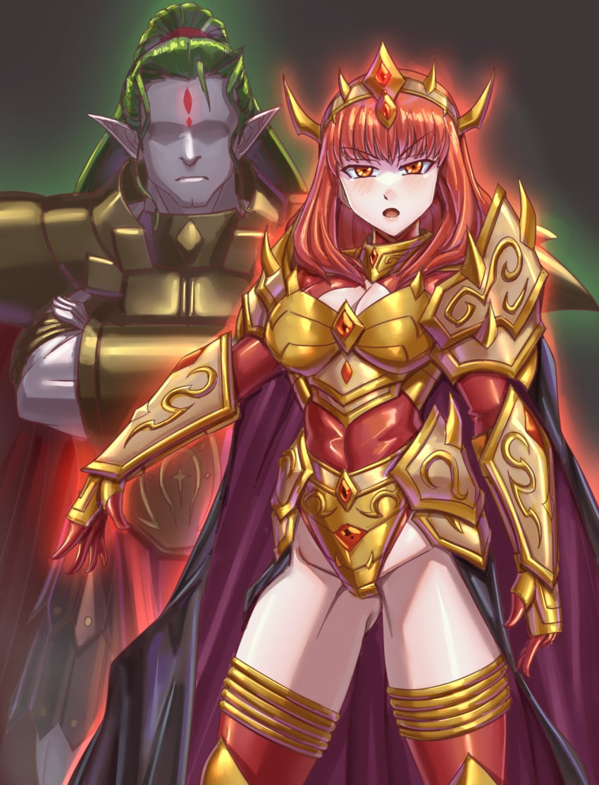 1boy 1girl 1girls angry anthiese_lima armor armored_female armored_leotard blush_lines cape celica_(fire_emblem) cleavage cleavage_cutout cleavage_window corruption duma_(fire_emblem) fire_emblem fire_emblem_echoes:_shadows_of_valentia fire_emblem_gaiden golden_armor leebigtree male_behind_female nintendo orange_eyes orange_hair possessed possession rigain_(fire_emblem) spiked_armor spiked_crown thigh_highs thighhighs thighs