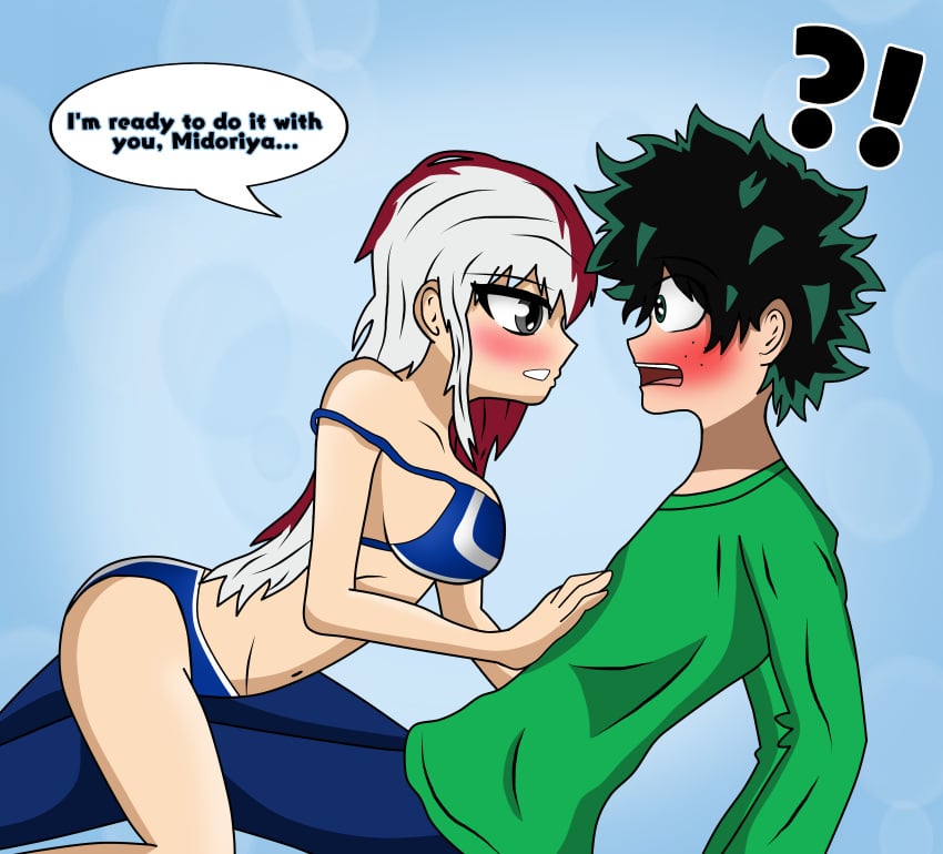 1boy 1boy1girl 1girls ass belly_button blonde_female blue_bra blue_eyes blue_underwear blunt blush breasts clothed clothed_male collarbone cowgirl_position embarrassed embrace female female_todoroki funny genderswap_(mtf) green_eyes green_hair grey_eyes happy happy_female heterochromia izuku_midoriya lingerie long_hair male my_hero_academia navel red_hair romantic romantic_couple rule_63 scantily_clad seductive seductive_look seductive_pose seductive_smile shocked shocked_expression shounen_jump shouto_todoroki text two_tone_hair white_hair wholesome