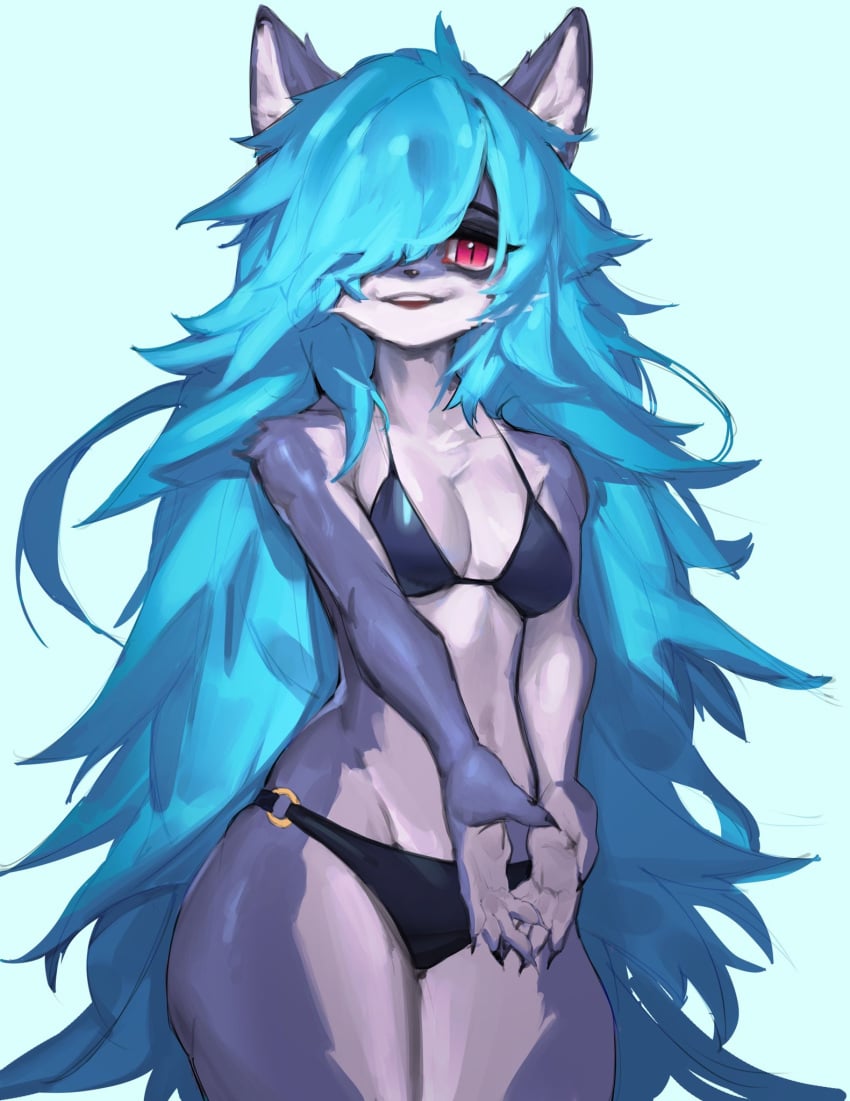 1girls 2022 anthro aqua_hair bikini canine female female_only fur furry furry_only hair_over_one_eye hi_res looking_at_viewer messy_hair narrowed_eyes red_eyes slit_pupils smiling smiling_at_viewer solo solo_female very_long_hair woobin94