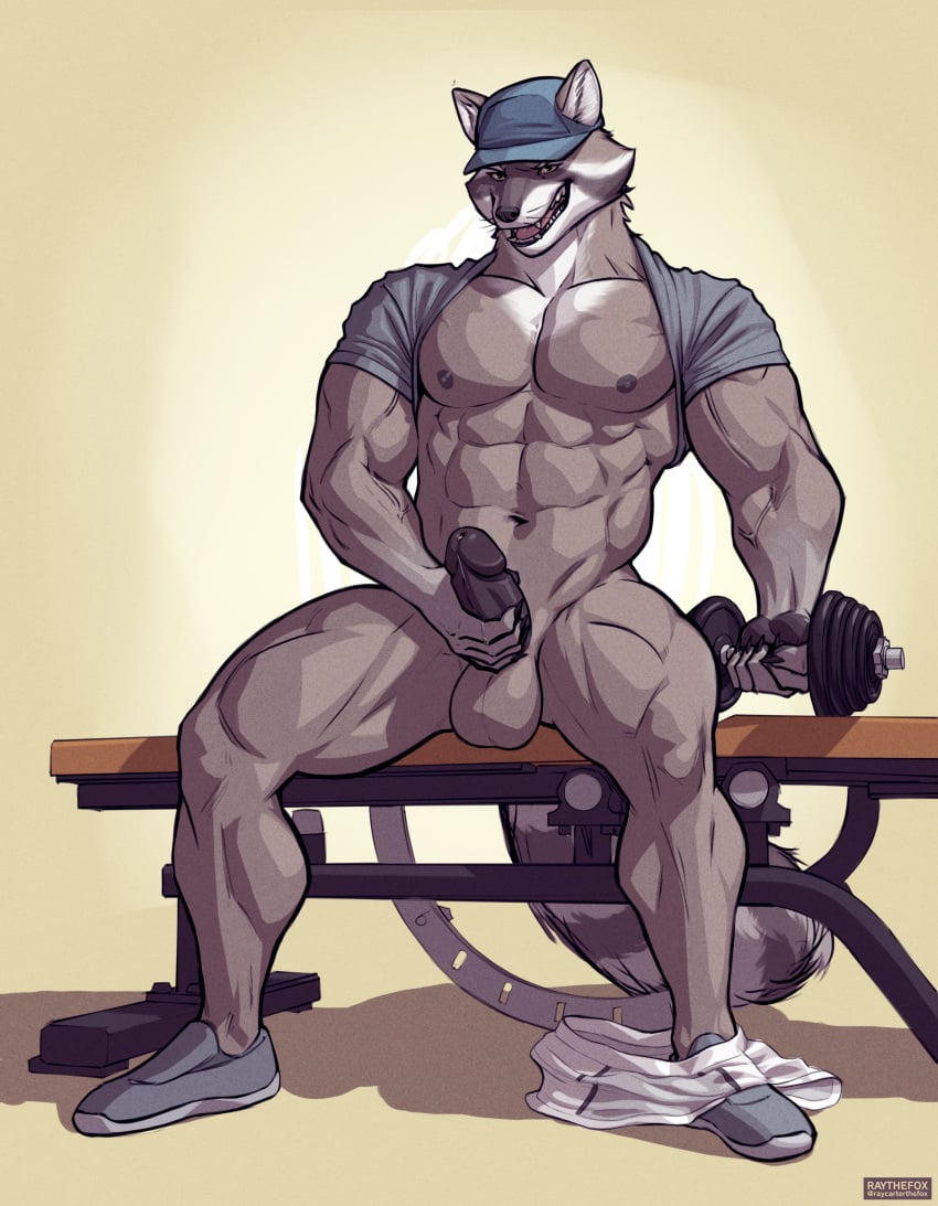 2022 abs absurd_res anthro balls barazoku baseball_cap biceps big_balls big_muscles big_penis bodily_fluids bottomless claws clothed clothing dumbbell erection exercise footwear genital_fluids genitals hat headgear headwear hi_res huge_muscles humanoid_genitalia humanoid_penis looking_at_viewer male male_only mammal masturbation muscular muscular_anthro muscular_male navel nipples obliques open_mouth open_smile pants_around_one_leg partially_clothed pecs penile penile_masturbation penis precum procyonid quads raccoon raised_clothing raised_shirt raised_topwear raythefox sexercise shadow shirt shoes simple_background sitting smile solo teeth text tongue topwear url vein watermark weight_bench weightlifting weights whiskers white_background wolf workout