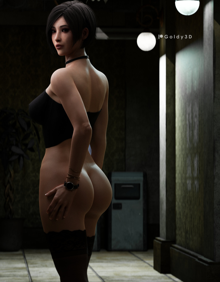 3d 3d_(artwork) ada_wong ada_wong_(adriana) asian_female big_breasts big_butt black_choker black_lace_stockings black_strapless_crop_top bottomless bottomless_female bustier_corset capcom female female_only gold_bracelets goldy_3d hand_on_butt looking_at_viewer no_panties no_pants posing resident_evil resident_evil_2 solo spy