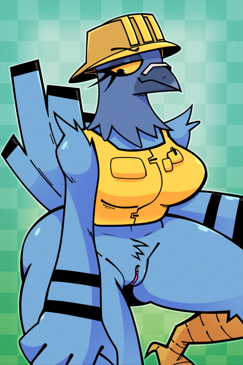 2022 2d 343_industries 4_fingers absurd_res anthro anthro_only anthrofied atm_pigeon_(halo) avian bandage beak big_breasts bird bird_feet black_body black_eyes black_feathers black_stripes blue_beak blue_body blue_feathers bottomless breasts checkered_background clitoris clothed clothing columbid construction_helmet feather_hands feathers fingers garbagioni genitals half-closed_eyes halo_(series) halo_infinite headgear headwear hi_res microsoft narrowed_eyes orange_body orange_clothing orange_headwear orange_helmet pattern_background pigeon pink_pussy pussy simple_background smile smirk striped_feathers stripes tail_feathers talons tight_clothing topwear vest video_games xbox_game_studios yellow_clothing yellow_headwear yellow_helmet yellow_sclera yellow_topwear yellow_vest