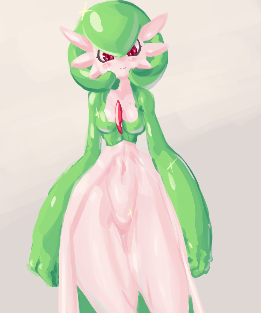 chest_spike dress_aside game_freak gardevoir green_hair happy looking_at_viewer nintendo pale_skin papsadachi pokémon_(species) pokemon pokemon_(species) pokemon_rse red_eyes shiny_body shiny_skin short_hair small_breasts smile smiling