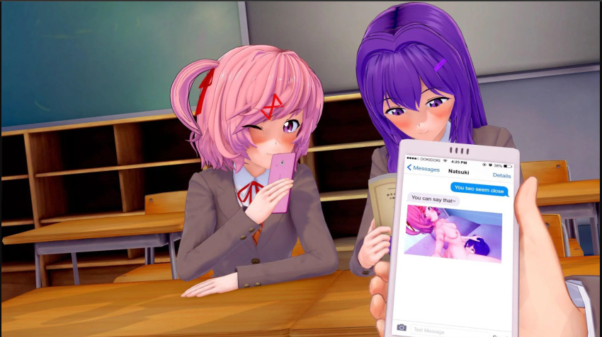 2girls book classroom desk desks doki_doki_literature_club female koikatsu multiple_girls natsuki_(doki_doki_literature_club) one_eye_closed open_book phone phone_case phone_screen pink_eyes pink_hair pink_phone purple_eyes purple_hair reading reading_book school_uniform smiling smiling_at_viewer taking_photo taking_picture text texting uniform wink winking winking_at_viewer yuri_(doki_doki_literature_club)