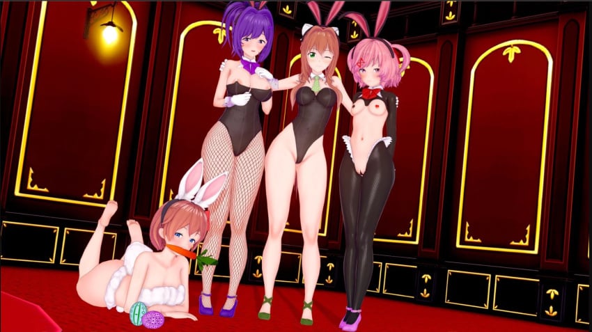 4girls black_bunny_ears black_bunnysuit blush bowtie breasts breasts_almost_out breasts_out breasts_out_of_clothes breasts_outside brown_hair bunny_costume bunny_ear bunny_ears bunny_girl bunny_tail bunnygirl bunnysuit carrot carrot_in_mouth doki_doki_literature_club easter easter_egg easter_eggs eastern_style eggs feet_up female female_only flat flat_chest flat_chested food gloves green_eyes green_high_heels green_tie high_heels koikatsu laying_down laying_on_stomach legs_up looking_at_viewer looking_to_the_side lying lying_down lying_on_stomach monika_(doki_doki_literature_club) multiple_girls natsuki_(doki_doki_literature_club) no_shoes no_socks one_eye_closed open_mouth pink_eyes pink_hair pink_high_heels ponytail purple_eyes purple_hair purple_high_heels red_bow red_bowtie sayori_(doki_doki_literature_club) smile smiling smiling_at_viewer standing tie white_bow white_bunny_ears white_bunnysuit white_gloves winking yuri_(doki_doki_literature_club)