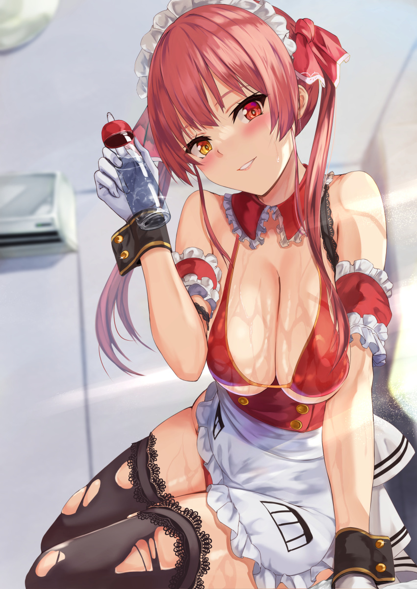 1girls 2022 absurdres air_conditioner alternate_version_available apron bangs bare_shoulders blush bra breasts cleavage detached_collar detached_sleeves female female_focus female_only frills gloves hair_ribbon heterochromia highres holding hololive hololive_fantasy hololive_japan houshou_marine large_breasts long_hair looking_at_viewer maid maid_apron maid_headdress red_bra red_eye red_hair red_ribbon ribbon smile solo solo_female thick_thighs thighhighs thighs torn_clothes torn_legwear twintails uchida_shou underwear virtual_youtuber wet wrist_cuffs yellow_eye