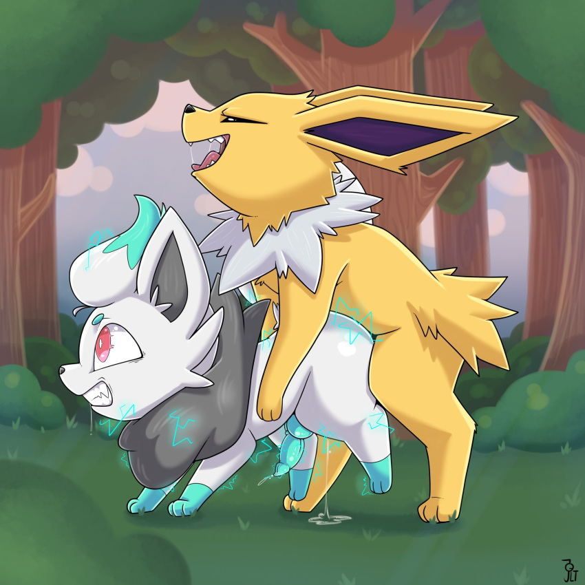 animal_genitalia animal_penis azzyyeen canine_penis duo eeveelution feral feral_on_feral forest genitals hi_res hisuian_form hisuian_zorua jolteon looking_pleasured male male/male male_penetrated male_penetrating male_penetrating_male nintendo penetration penis plant pokémon_(species) pokemon regional_form_(pokémon) tree video_games yellow_body