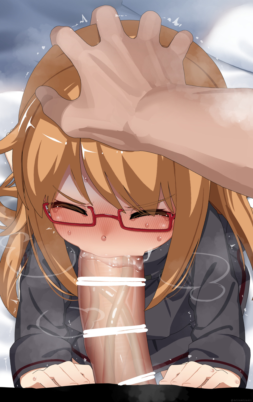 1boy absurdres bar_censor blush censored closed_eyes erection fellatio female glasses hand_on_head highres kantai_collection large_penis licking licking_penis long_sleeves mizumizuni mochizuki_(kantai_collection) oral orange_hair penis pov rape red-framed_eyewear sailor_collar saliva straight sweat tongue tongue_out veins veiny_penis