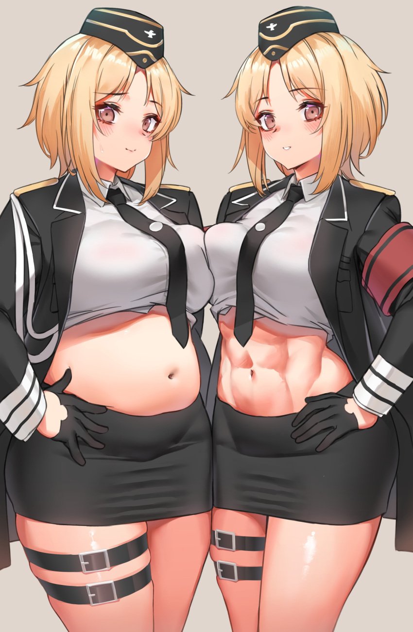 2girls abs absurdres armband blonde_female blonde_hair blush breast_press breasts chubby chubby_female crop_top dual_persona fat_belly female female_only fit fit_female girls'_frontline gloves highres military military_uniform mp40_(girls'_frontline) multiple_girls navel necktie orange_eyes skirt slightly_chubby stomach thigh_strap toned toryu_fufu uniform