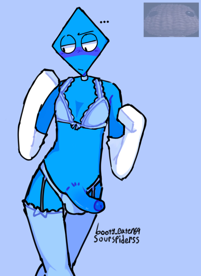 ... anthro armwear blue_background blue_body blue_lingerie blush blush_lines booty_eater69 choker dave_and_bambi_mod diamond_man lingerie male_only mostly_nude penis simple_background solo_male standing uncut watermark white_armwear