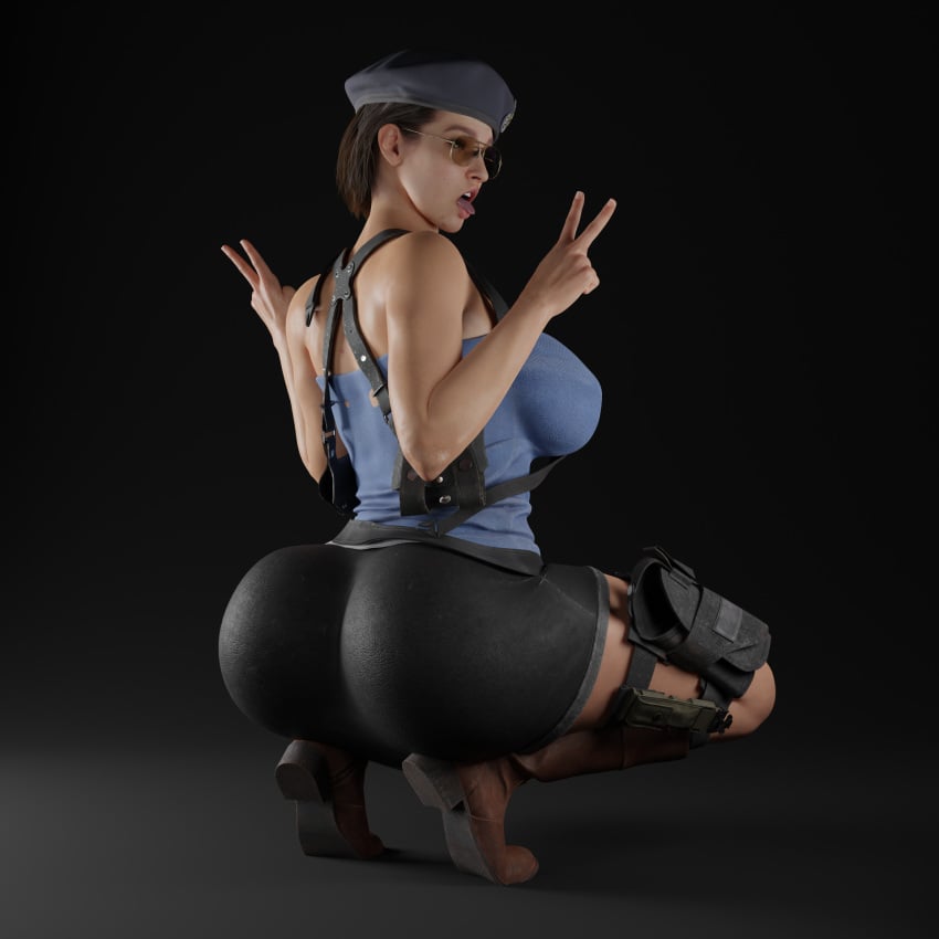 1girls 3d 3d_(artwork) ass athletic athletic_female aviator_sunglasses blender blender_(software) blue_eyes breasts brown-tinted_eyewear brown_hair capcom feet female female_focus female_only holster human jill_valentine jill_valentine_(sasha_zotova) light-skinned_female looking_at_viewer looking_back nude pawg provocative resident_evil resident_evil_3 resident_evil_3_remake solo solo_female solo_focus squatting sunglasses tinted_eyewear tokioblender