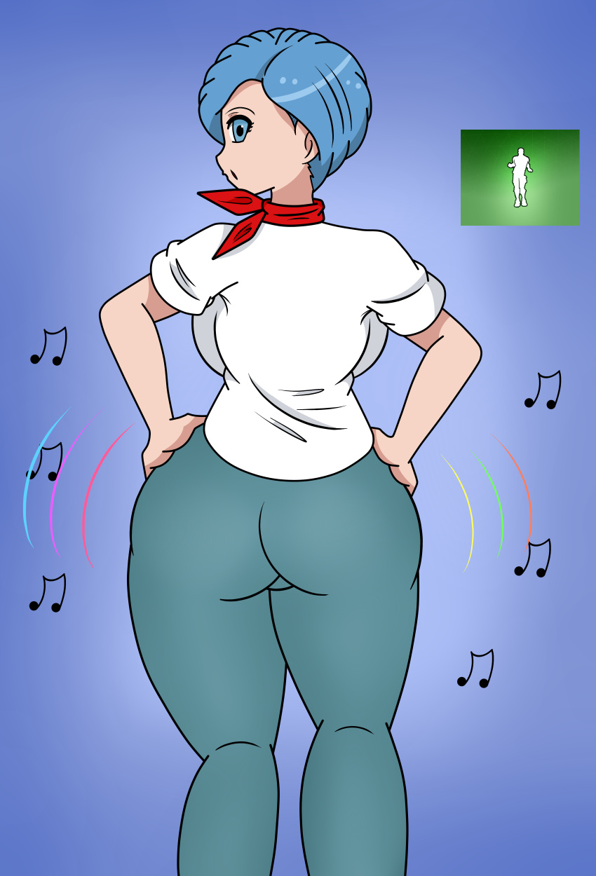 1girls blue_eyes blue_hair bulma_briefs clothed collaboration crossover dragon_ball dragon_ball_super dragon_ball_z female female_only fortnite hips hips_grab icon maymayumi2 pants shirt simple_background wiggle_lines